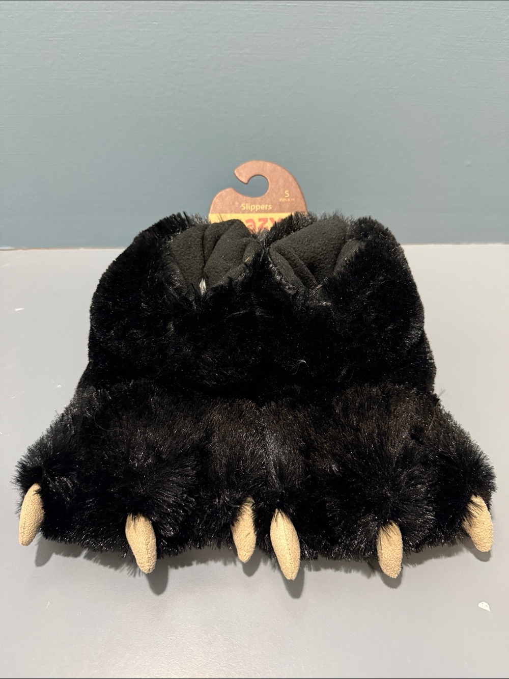 Lazy One Black Plush Bear Paw Slippers with Tan Claws